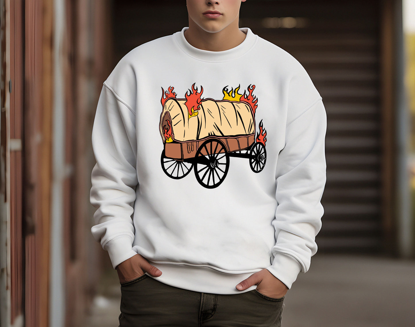 Unisex Burning Wagon Graphic Crew Neck